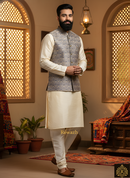 REWAZH Men’s Woven Jacquard Waistcoat, Structured Slim Fit  [ XL ]