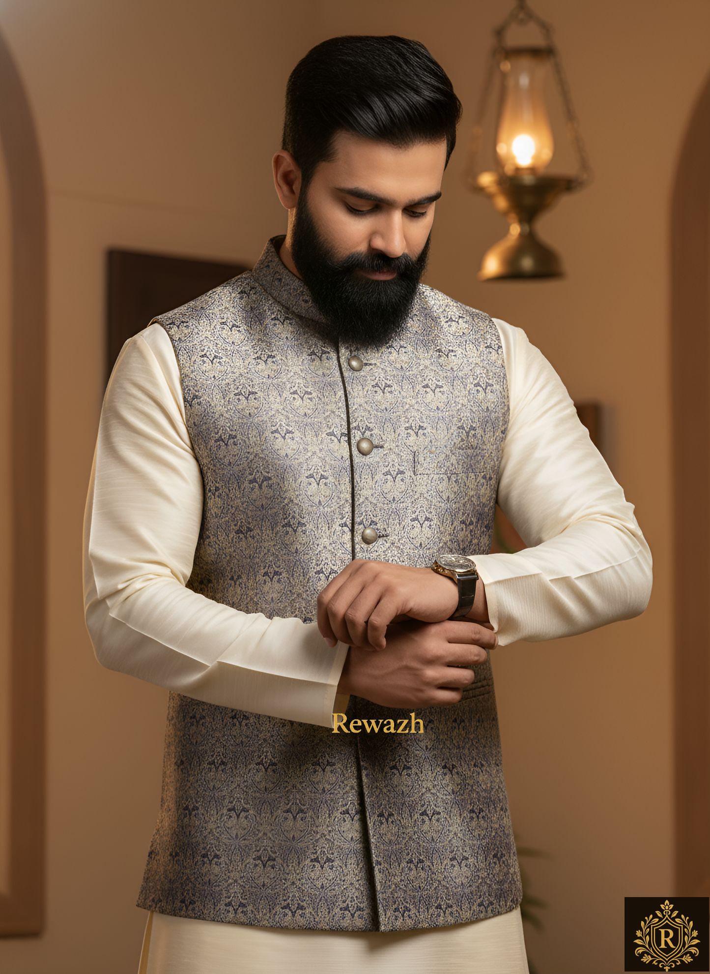 REWAZH Men’s Woven Jacquard Waistcoat, Structured Slim Fit  [ XL ]