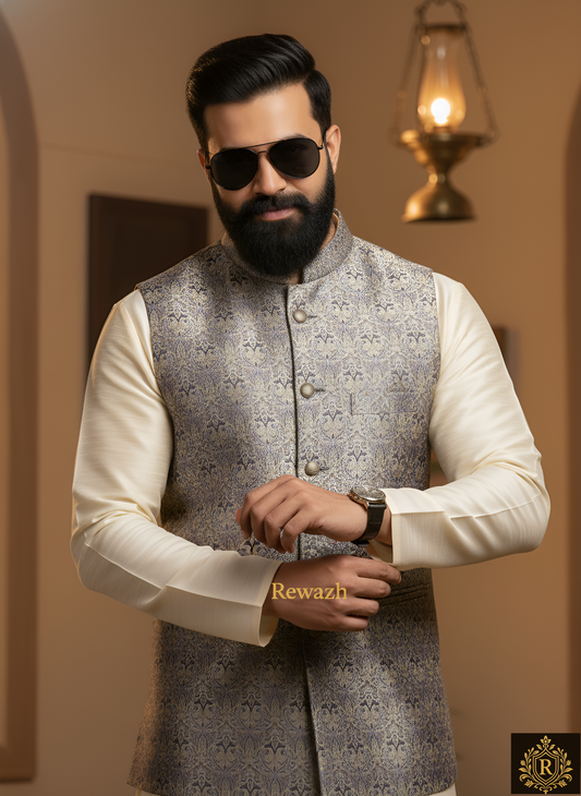 REWAZH Men’s Woven Jacquard Waistcoat, Structured Slim Fit  [ XL ]