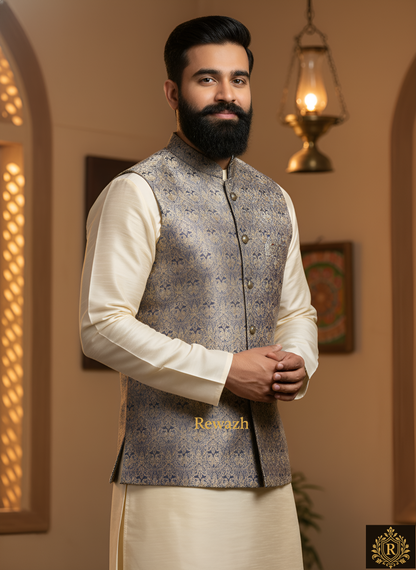 REWAZH Men’s Woven Jacquard Waistcoat, Structured Slim Fit  [ XL ]