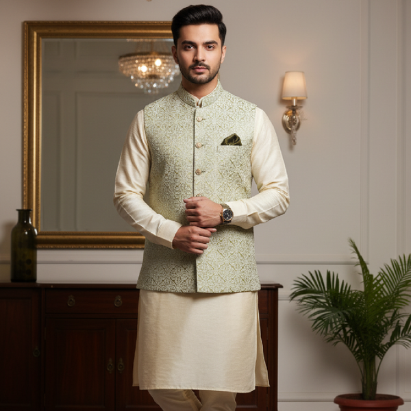 REWAZH Men’s Woven Jacquard Waistcoat, Structured Slim Fit, Pista Green